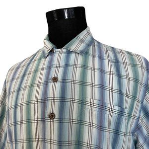 Tommy Bahama | Men's Blue Plaid Silk Short Sleeve Button Front Shirt Large
